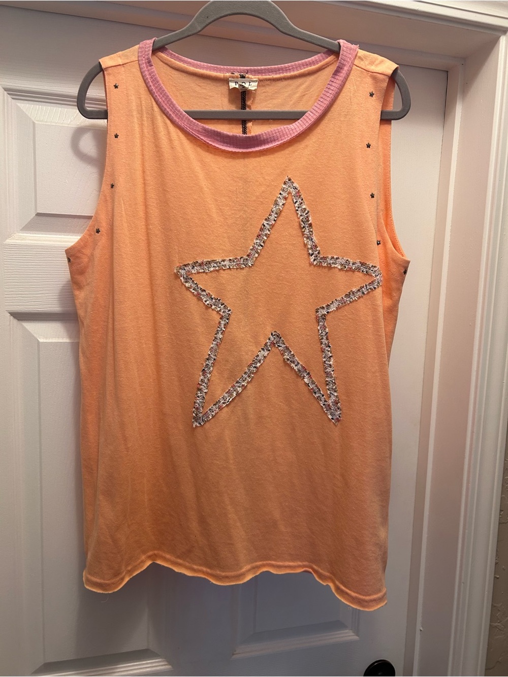 POL Peach Sleeveless Tank with Pink Trim and Floral Star